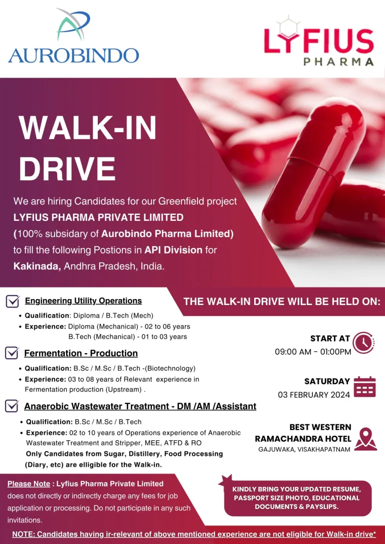 Aurobindo Pharma (Lyfius Pharma) - Walk-In Drive for Multiple Positions on 3rd Feb 2024